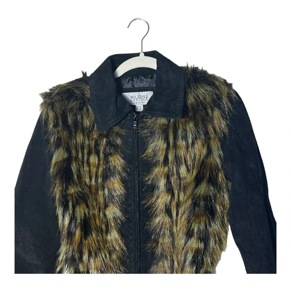 C2. WILSON LEATHER MAXIMA SUEDE WITH FAUX FUR JACKET WITH BELT SIZE MEDIUM BLACK - Picture 2 of 7